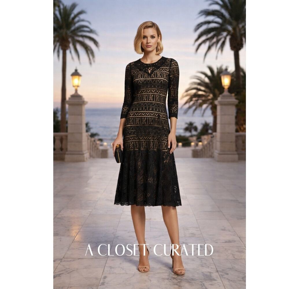 Rebecca Taylor Long Sleeve Lace Midi Dress 6 Black NWT